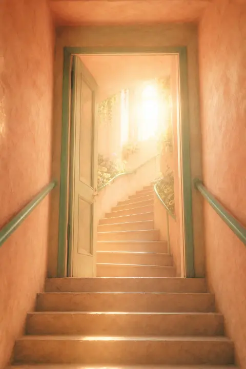 Escalera imposible ascendiendo hacia vacío luminoso, paredes melocotón y barandillas menta, puerta del duelo surreal