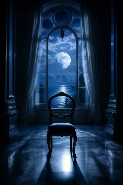 Silla vacía recortada contra ventana iluminada por luna, presencia del vacío simbolizando pérdida