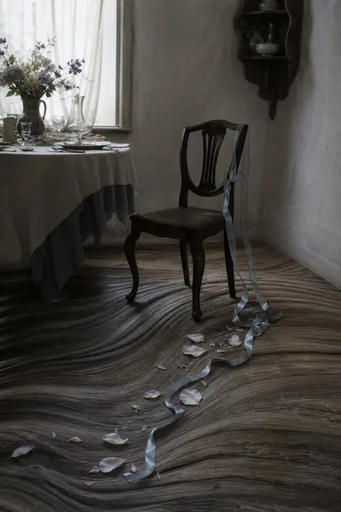 Ein einzelner leerer Stuhl der verstorbenen Schwester am gedeckten Tisch, ein Band darauf löst sich in treibende Blütenblätter auf
