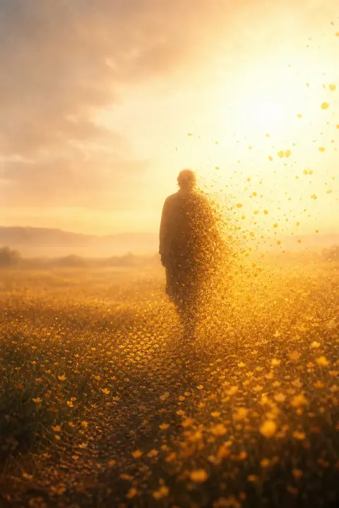 Eine einzelne Silhouette der verstorbenen Schwester geht über eine sonnige Wiese davon und zerfällt zu goldenen Blütenblättern