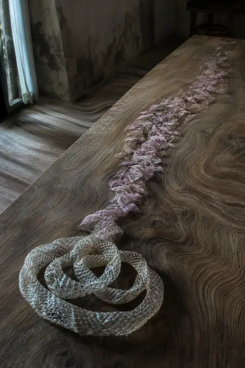A shed snakeskin coiled on a table unravels into a ribbon of drifting petals, a dream of a dead snake