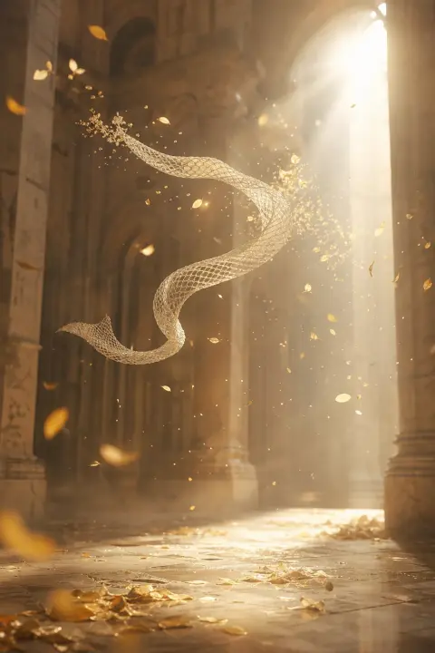 A snake's translucent shed skin floats weightless across a sunlit hall into petals, a dream of a dead snake
