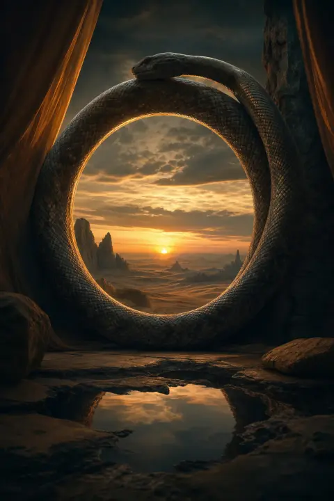 A coiled snake forms a circular doorway onto a desert landscape at dusk, a dream of a dead snake