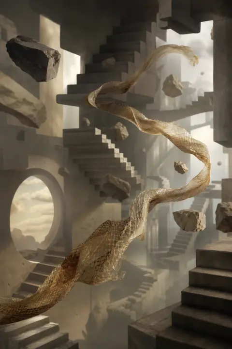 A shed skin winds among inverted staircases and floating stones, a dream of a dead snake