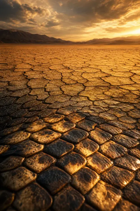 Close view of snakeskin scales whose pattern becomes a cracked desert, a dream of a dead snake