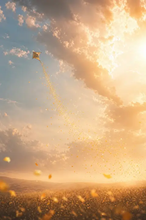 Kinderdrachen für den verstorbenen Sohn steigt in den weiten Sonnenhimmel, seine Schnur löst sich in goldene Blütenblätter auf