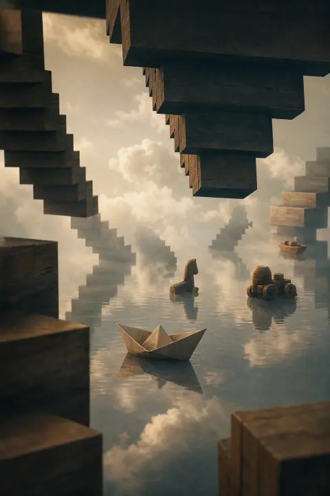 Papierboot des verstorbenen Sohns treibt zwischen umgedrehten Treppen, schwebendem Holzspielzeug und langsamen Wolken