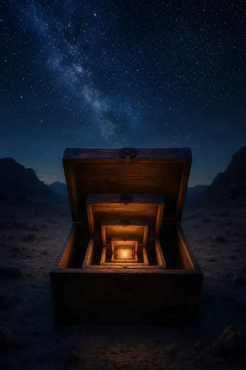 Boîte en bois entrouverte dans nuit indigo, boîtes identiques plus petites imbriquées vers l'intérieur, lumière stellaire n'arrive jamais