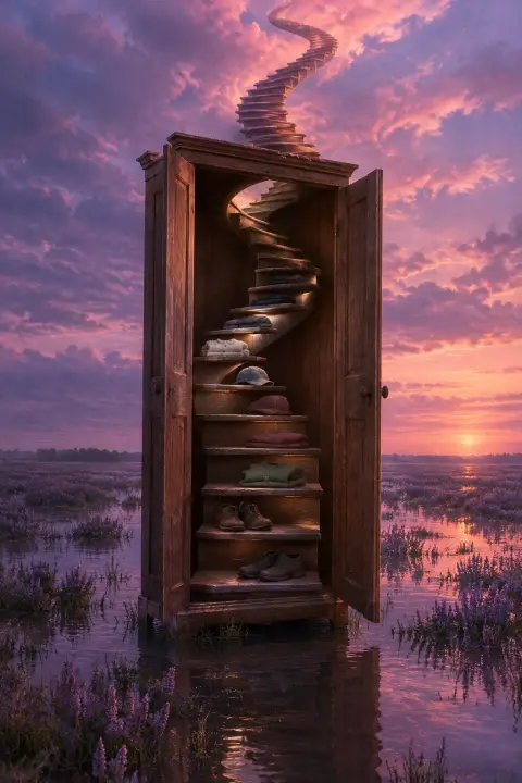Armoire en bois dans un marais violet s ouvre sur un escalier impossible qui monte à travers son propre toit vers un ciel rosé
