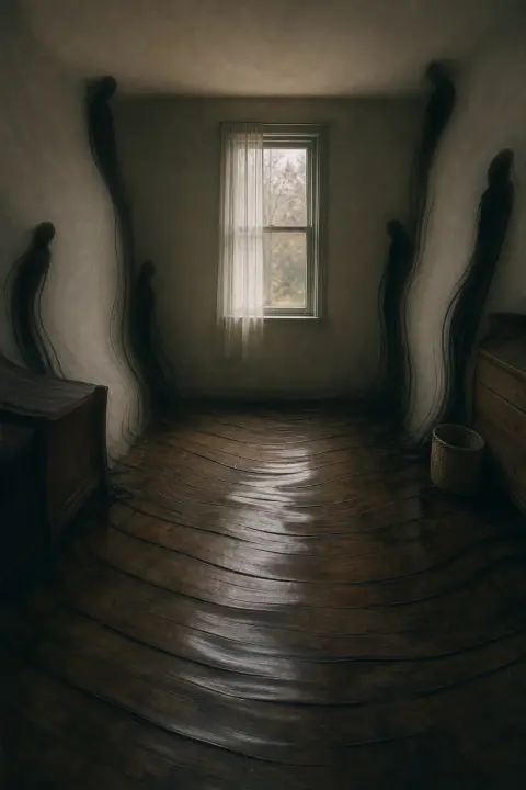 Thin shadows gather at the edges of a dim room as the walls warp toward them, a dream of demons attacking