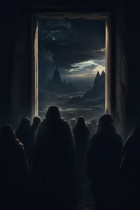 A shadowed doorway crowded with dim silhouettes opens onto a dark landscape, a dream of demons attacking