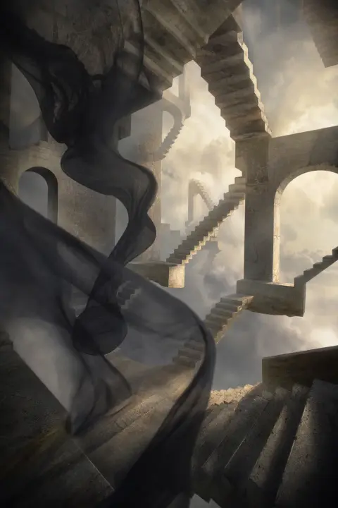 Drifting veils of shadow move among inverted staircases and warped arches, a dream of demons attacking