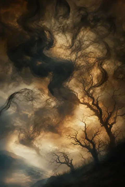 Close view of curling dark smoke whose tendrils become bare clawing trees, a dream of demons attacking