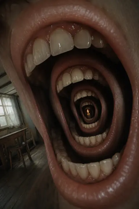 Nested mouths with teeth reflect burning candle in tilted room, dog biting dream symbol