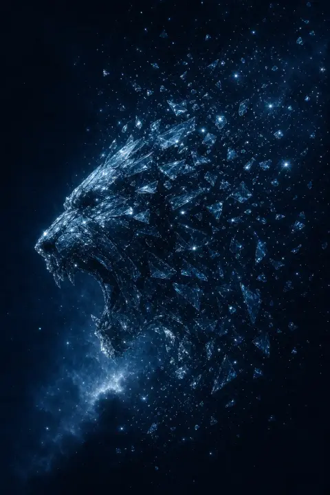 Snarling head silhouette shatters into crystalline shards scattered as inverse stars, dog biting dream