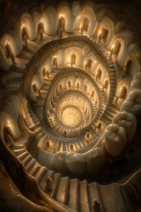 Spiral staircase made of teeth and doorways in amber light, figures at impossible landings, dog biting