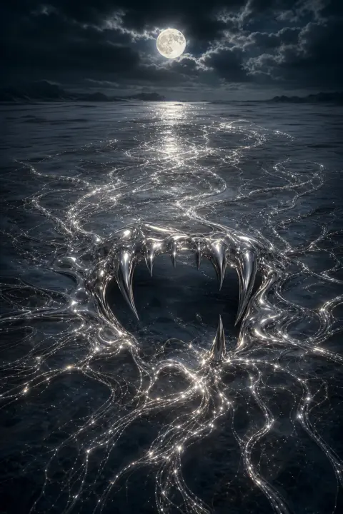 Molten silver light pools into bared fangs, unravels into luminous threads across moonlit plane, dog biting