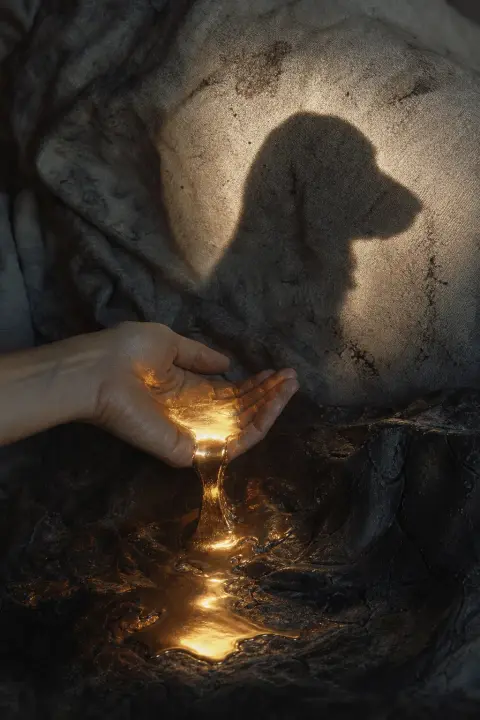 Golden light cupped in hand casts dog shadow on charred fabric, warmth trembling with breath