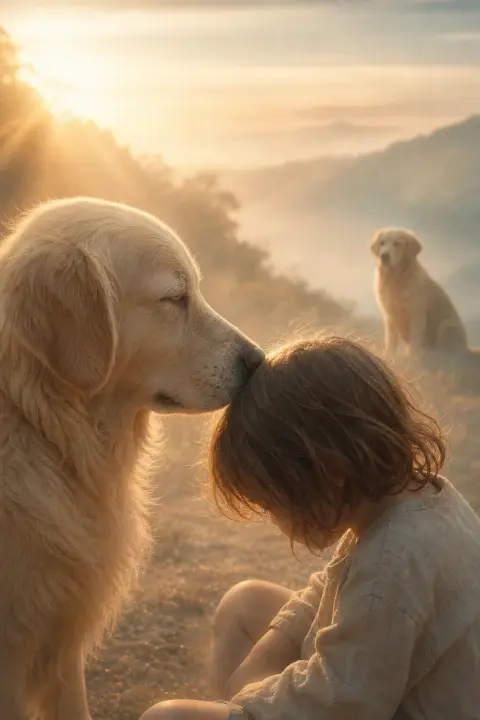 Dog's wet nose touches child's forehead in peach dawn while same dog watches from mint mist