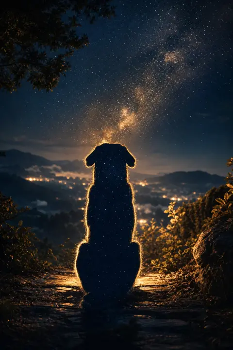 Void shaped like loyal dog silhouette carved from indigo night, edges traced by starlight, absence radiating warmth