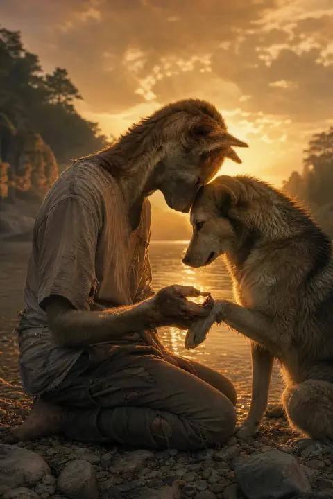 Figure half-human half-canine mid-transformation in amber dusk, hand becoming paw in golden haze of becoming