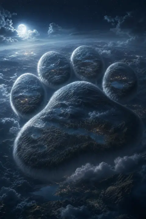 Vast paw print tilted across moonlit horizon in silver-blue, each pad a landscape of fur and devotion