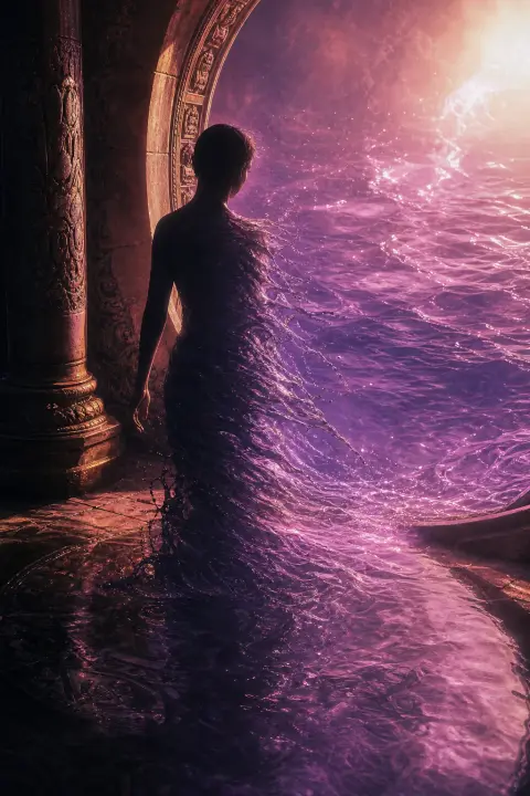 Silhouetted figure dissolving into violet water at portal's edge, half-human and half-liquid, rose light catching threshold where form surrenders to depths.