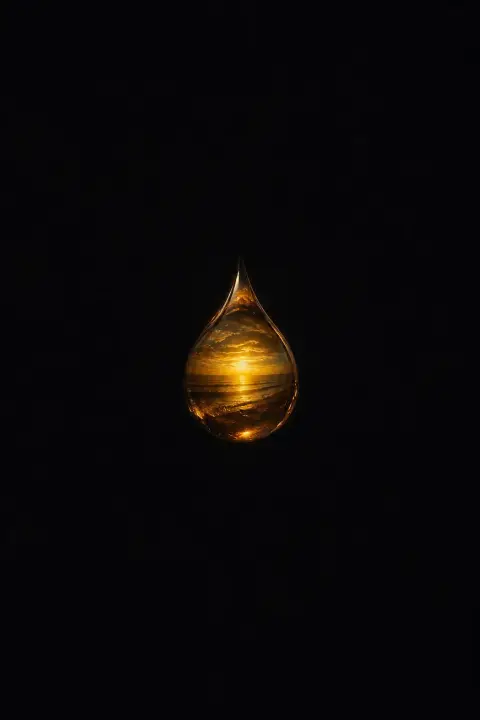 Overhead view of single droplet of warm amber light suspended in infinite black expanse, entire ocean compressed into one trembling sphere.