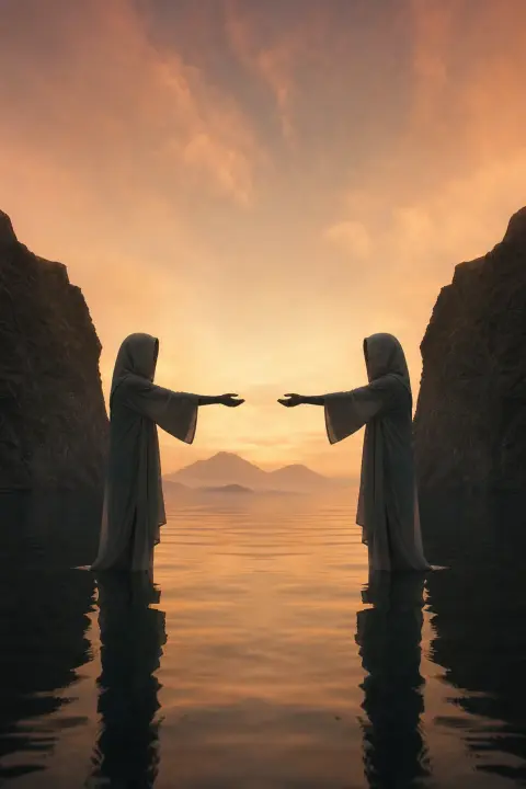 Two identical figures facing across pale peach dawn, one reaching toward the other, mirror-image poses creating unsettling symmetry, both drowning in stillness.