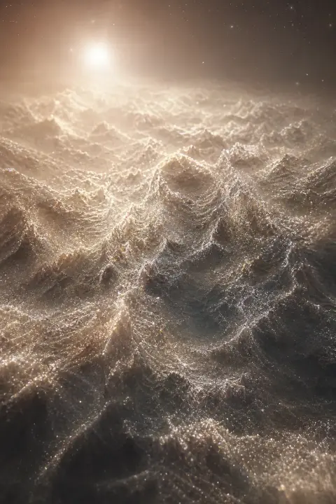 Grano de arena único se expande infinitamente en vacío lunar, valles cristalinos respiran luz estelar, textura sin límites