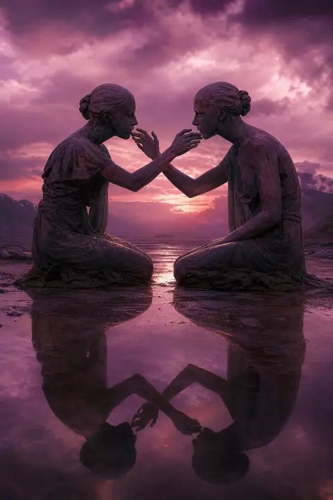 Dos figuras espejadas en crepúsculo violeta extendiéndose hacia la boca ajena, sombras duplicadas, símbolo onírico de consumir inmundicia