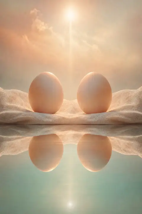 Two mirror-reversed eggs on linen with water reflections below, four identical forms in peach and mint symmetry