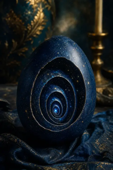 Indigo egg contains nested smaller eggs spiraling infinitely inward, each shell marked with starlight receding into cosmic depth