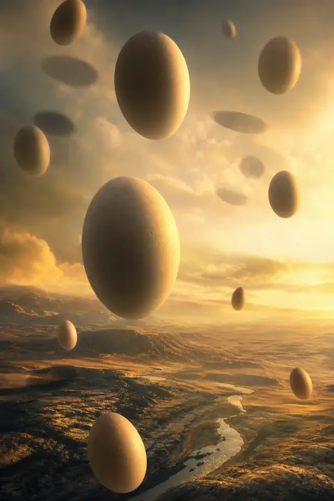 Eggs float upward through golden amber air like slow-rising moons, shadows falling upward across warm landscape below