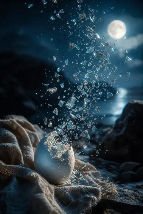 Single egg dissolves into countless silver-blue fragments suspended in moonlit stillness, each piece luminous and shimmering