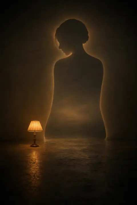 Riesiger dunkler Raum mit warmer Bernsteinlampe die die Leere markiert wo sie stand, Abwesenheitssymbol