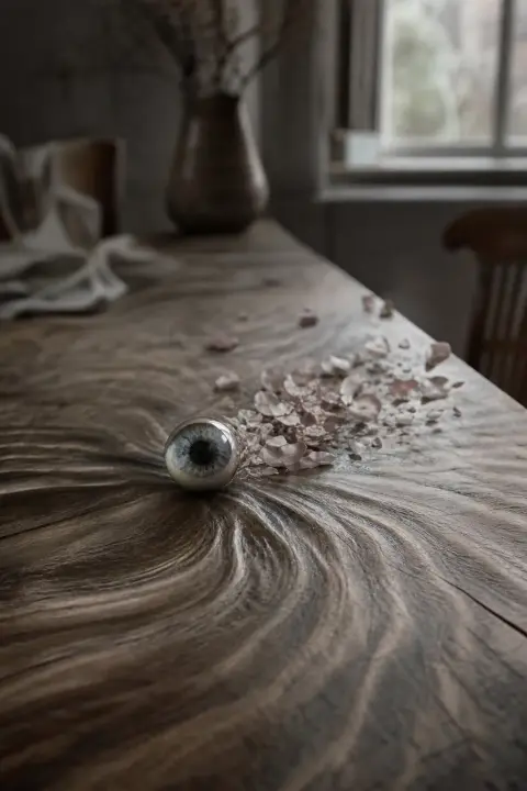 Una canica de vidrio parecida a un ojo rueda por la mesa y se deshace en pétalos que flotan, la veta ondula como agua