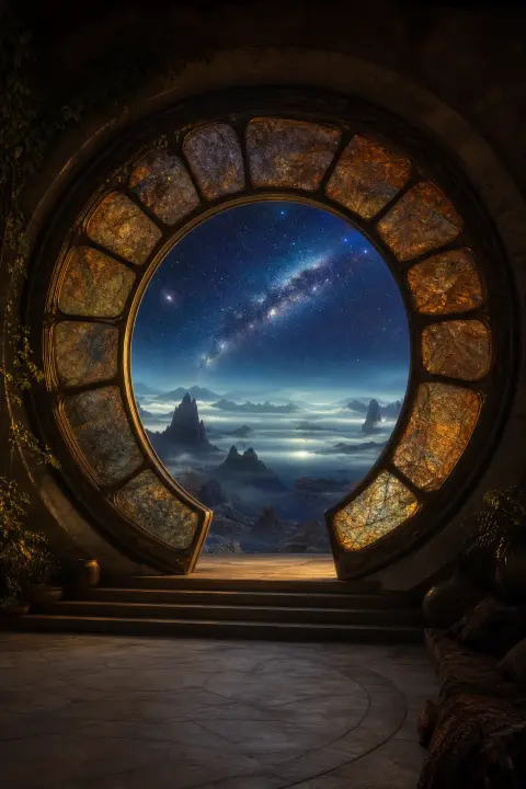 Una gran ventana redonda con dibujo de iris se abre como una puerta a un paisaje imposible bajo las estrellas, un ojo que se cae