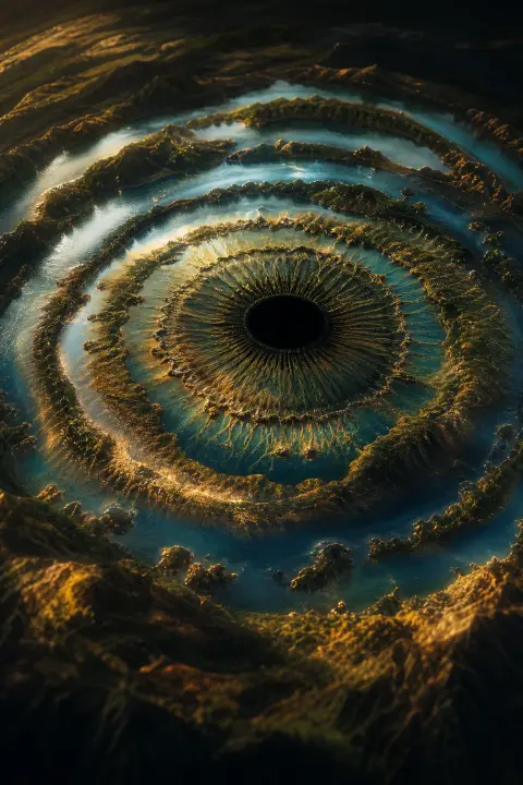 Primer plano de un iris cuyos anillos se vuelven lagos concéntricos que ondulan entre colinas, símbolo de un ojo que se cae