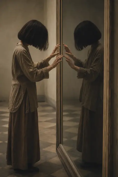 Two identical figures in amber light reach toward a non-reflective mirror, separated by their own symmetry—inner conflict symbol