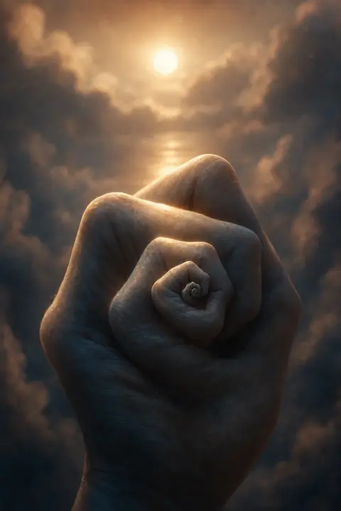 Nested fists spiral inward through moonlit darkness, each layer whispering ancient conflict and struggle