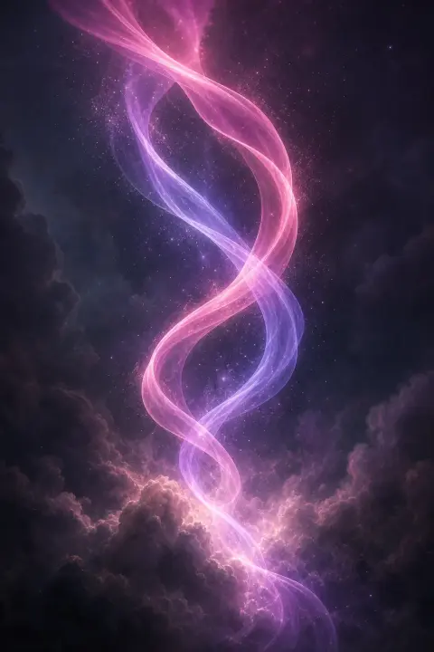 Two spiraling violet and rose light ribbons interweave upward in weightless dance, eternal conflict suspended