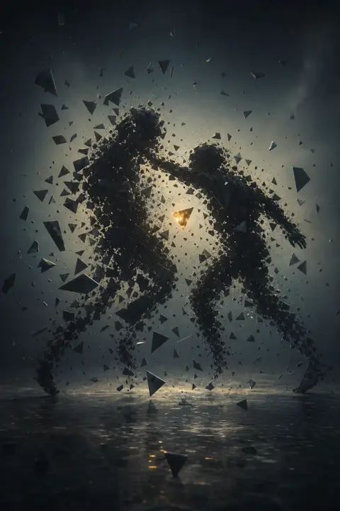 Silhouetted figures clash shattering into geometric shards suspended in noir space, fighting dream symbol