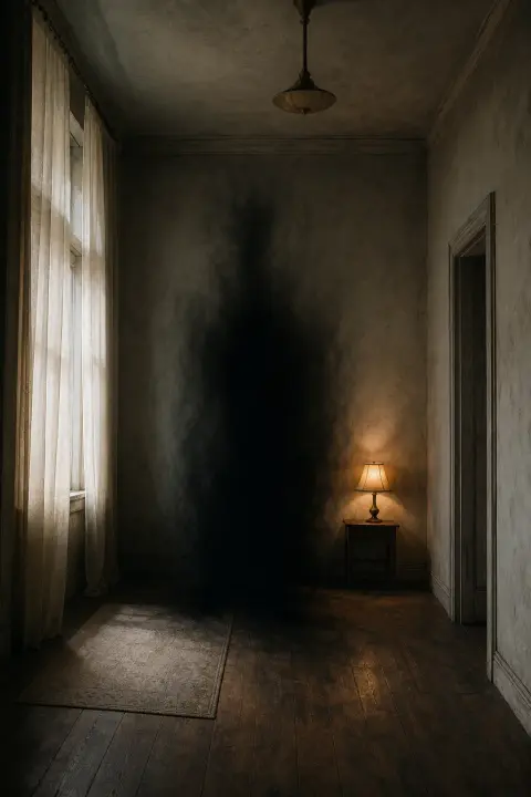 Black void silhouette with amber lamp glow, flood dream symbol of absence and emptiness