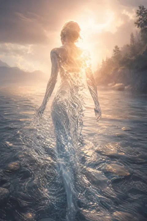 Woman's body dissolving into translucent water from feet upward, becoming river, peach light flooding
