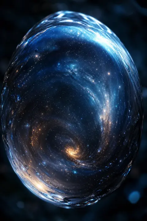 Single raindrop magnified filling frame, starlight trapped inside, cosmos drowning in water bead