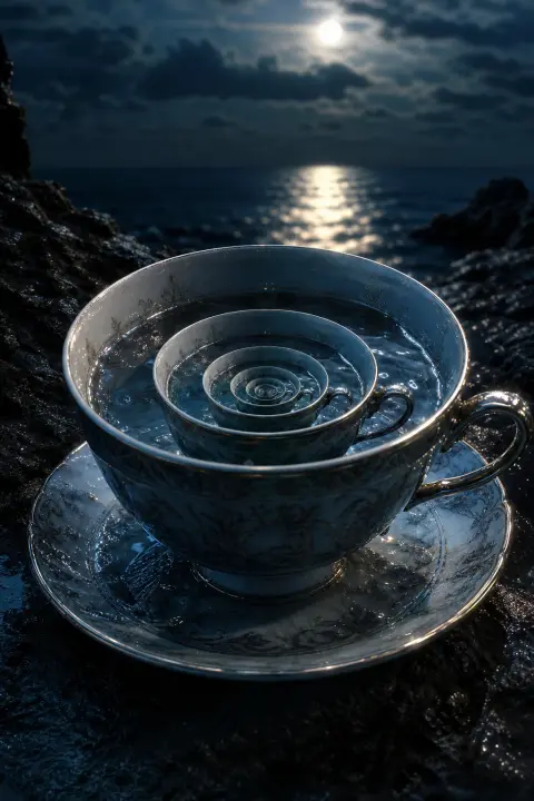 Silver-blue teacup nested infinitely within itself, moonlit translucent layers, drowning worlds in porcelain