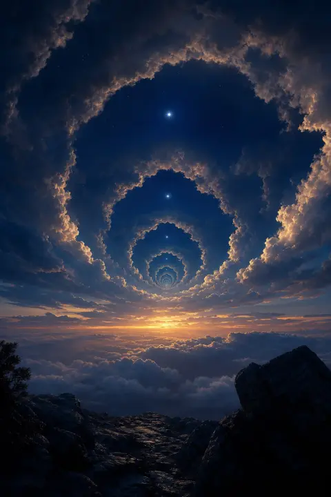Cielos anidados infinitos dentro de cielos, cada horizonte marcado por un único punto de luz estelar descendiendo sin fin