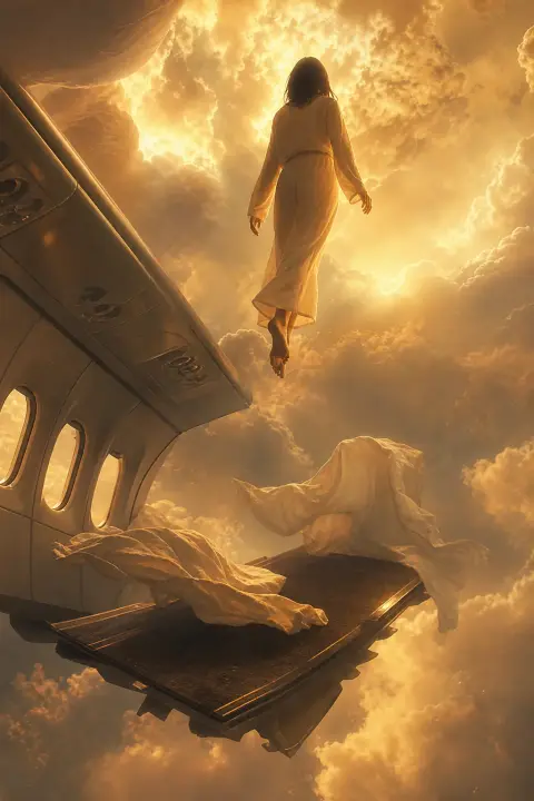 Pasajero ingrávido ascendiendo entre nubes ámbar dorado dentro de cabina de avión disolviéndose