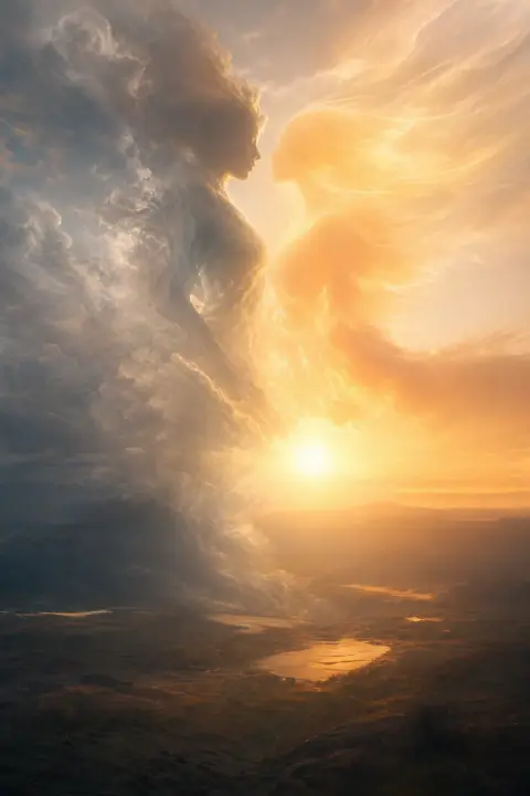Two figures dissolve into each other, one becoming cloud and dawn light, friend symbol inseparable
